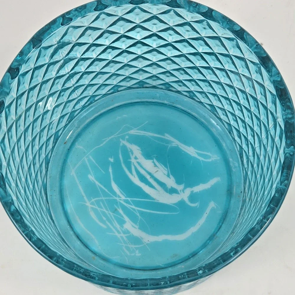 Vtg Style Teal Blue Diamond Cut Lidded Glass Vanity Jar w Tassel 6.5x4